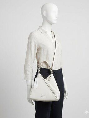 Calvin Klein Leather Geo Convertible Multi Zippered Hobo Bag White Silver Cross